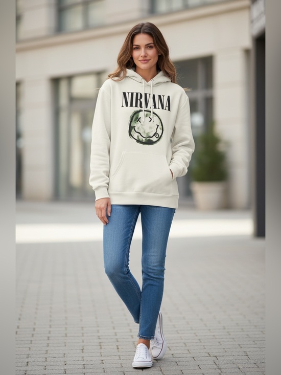 NIRVANA Tops - NIRVANA Cream Pullover Hoodie with Smiley Graphic